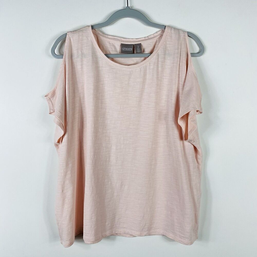 Chico's Size Large 12 2 Slub Knit Cold Shoulder Top Pink 100% Cotton